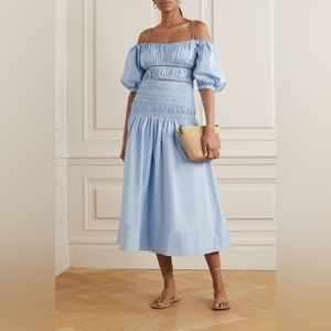 Self Portrait Light Blue Cotton Shirred Puff Sleeve Dress